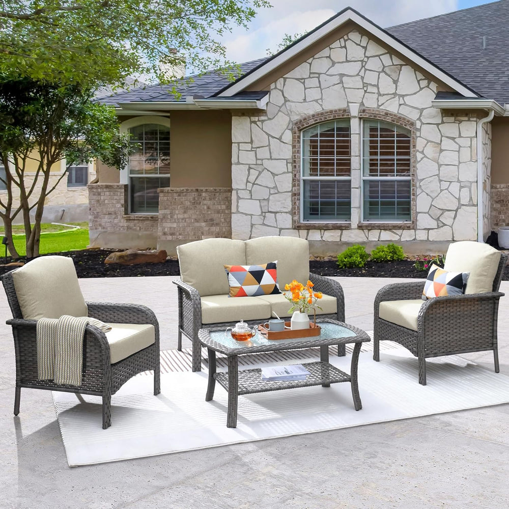 ovios 4-Piece Patio Furniture Set, Outdoor Wicker Sofa with Chairs Coffee Tab...