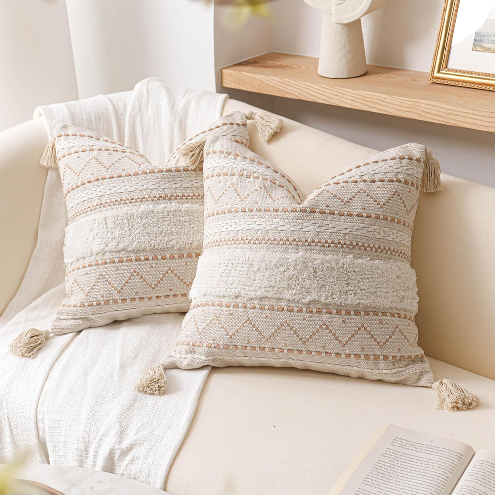 BlissBlush Decorative Throw Pillow Covers 20x20 Combo Set of 2 Square Cream N...