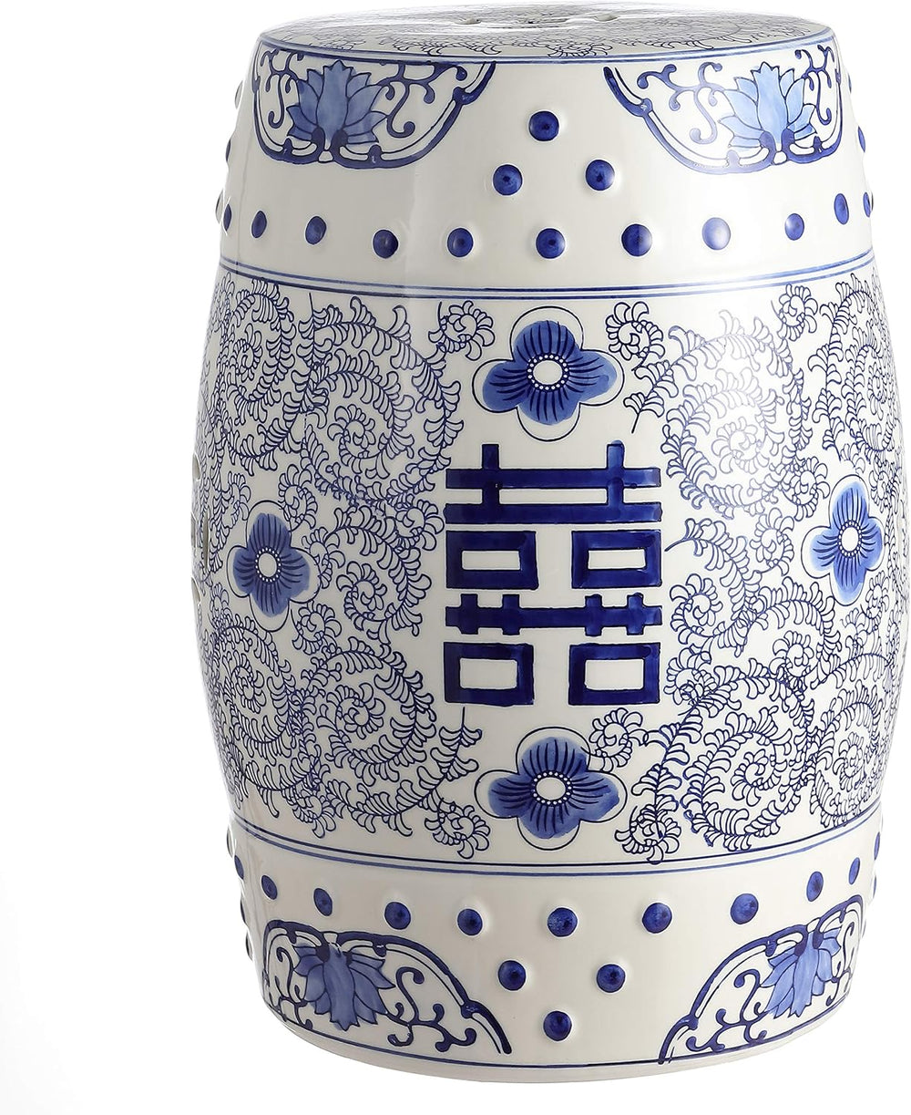 JONATHAN Y Double Happiness Ceramic Garden Stool 18" Table, Blue/White