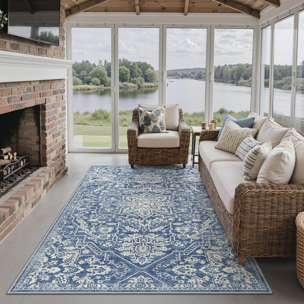 GENIMO 4x6 Outdoor Rug, Washable for Porch and Patio, Navy Blue & Ivory