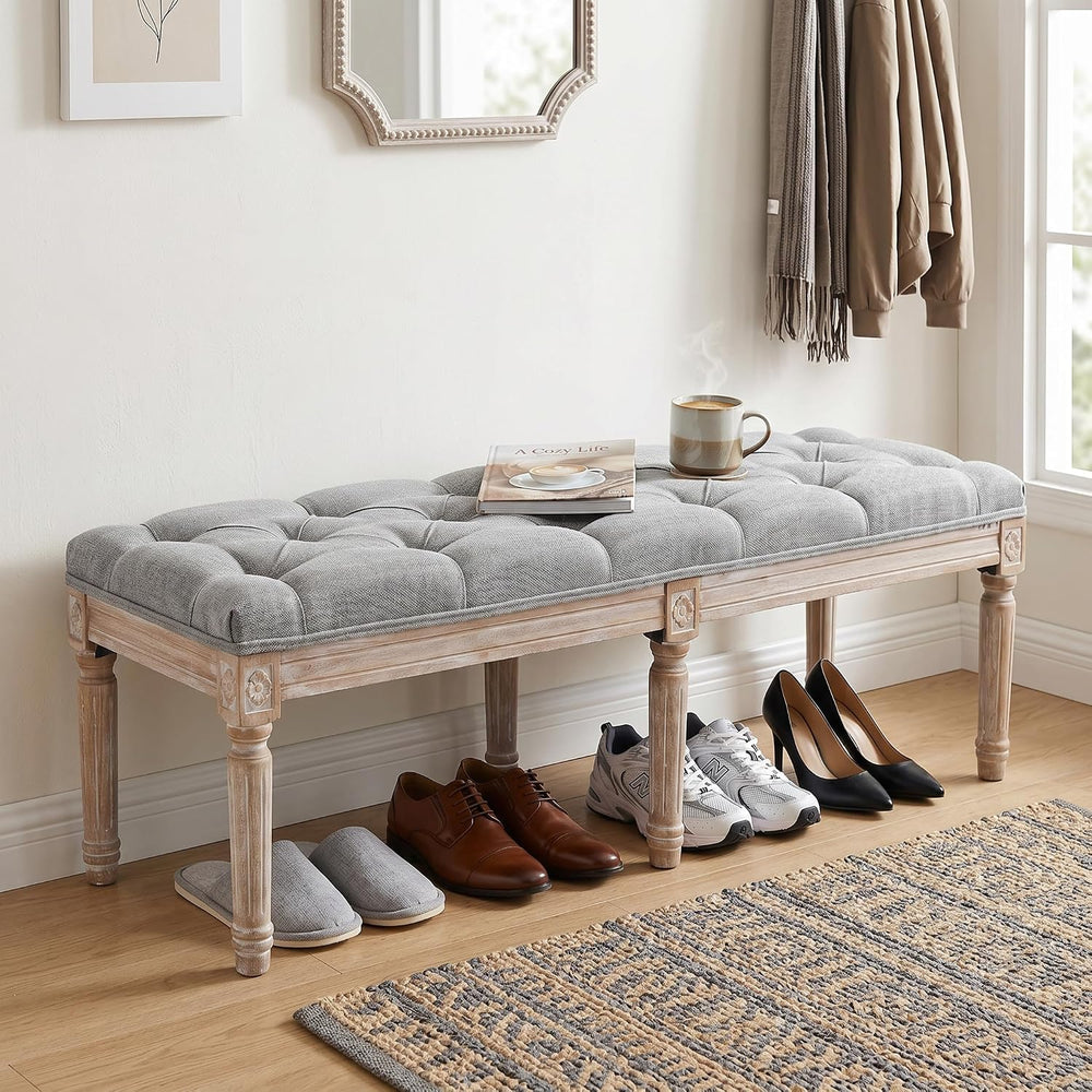 Farmhouse Dining Bench 45" Long Vintage Tufted Bench with Wood Legs Upho...