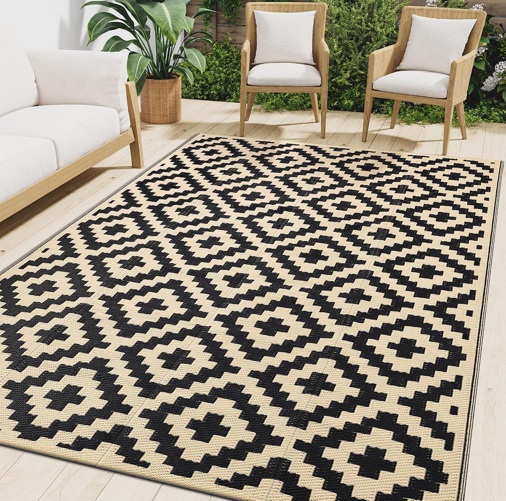 Smiry Outdoor Rug 9x12 ft Waterproof Reversible Boho Mat, Black & Beige