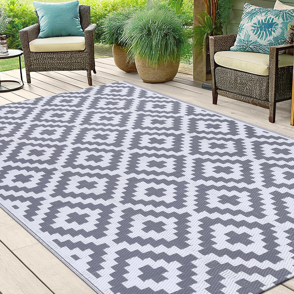 Smiry Outdoor Rug 5x8 ft Waterproof Reversible Boho Mat, White & Grey