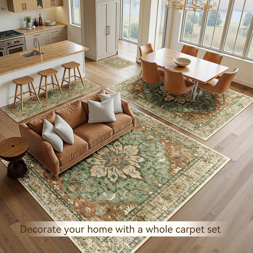 RELEANY Washable Area Rug, Large 9'x12', Brick/Brown/Green
