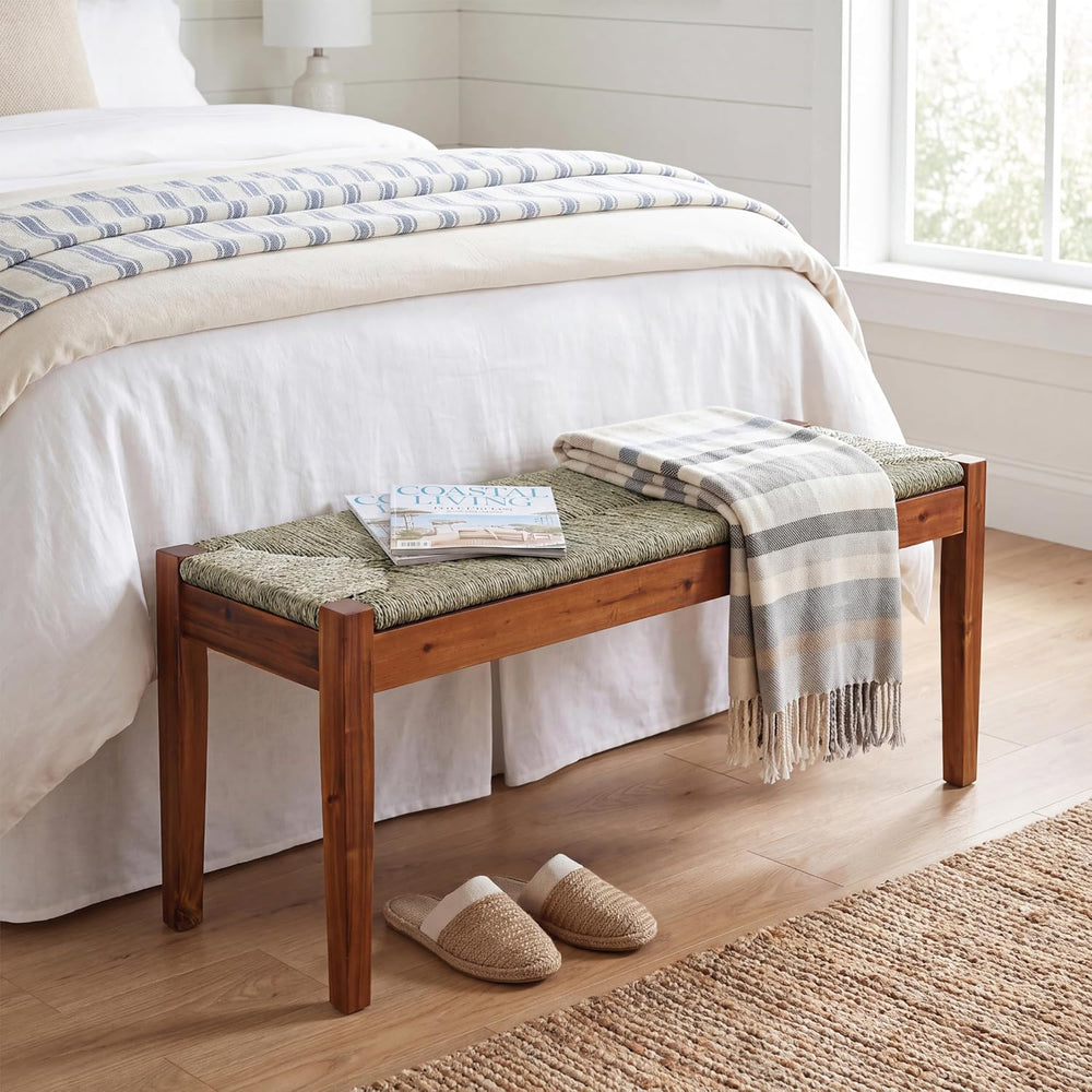 46-Inch Acacia Wood Bench with Natural Seagrass Woven Seat, Indoor Bench