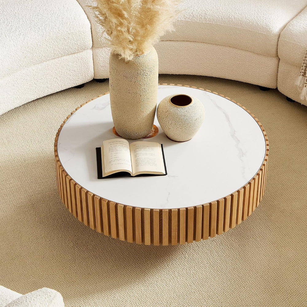 35.43" Oak Round Wood Coffee Tables with Faux Marble White Sintered Ston...