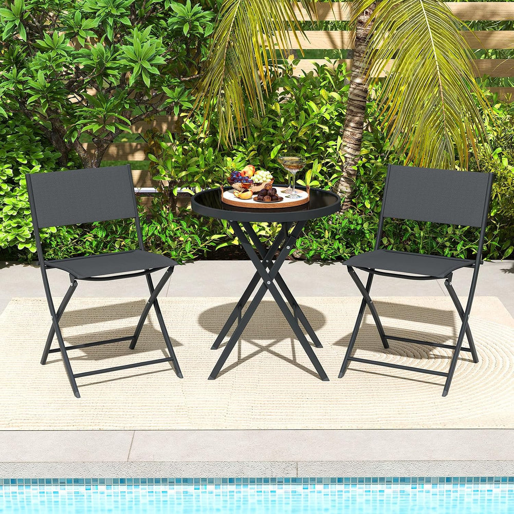 Tangkula 3 Piece Folding Bistro Set, Metal Frame Round Table & Chairs