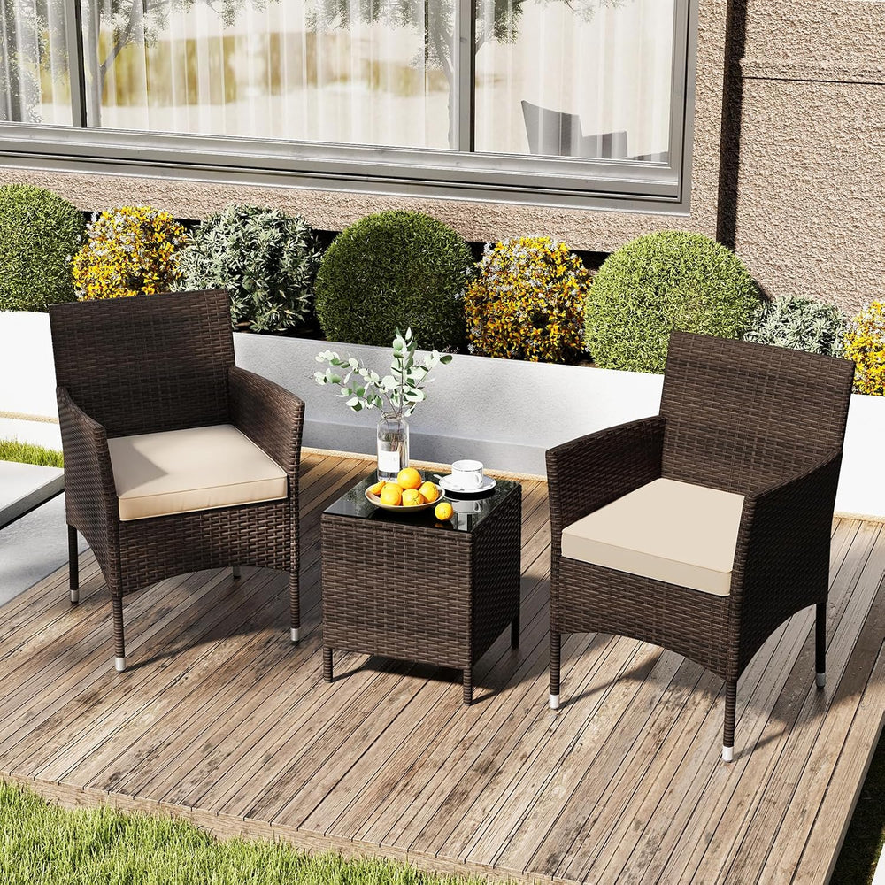 RELAX4LIFE 3-Piece Patio Furniture Set - Rattan Wicker Outdoor Conversation S...