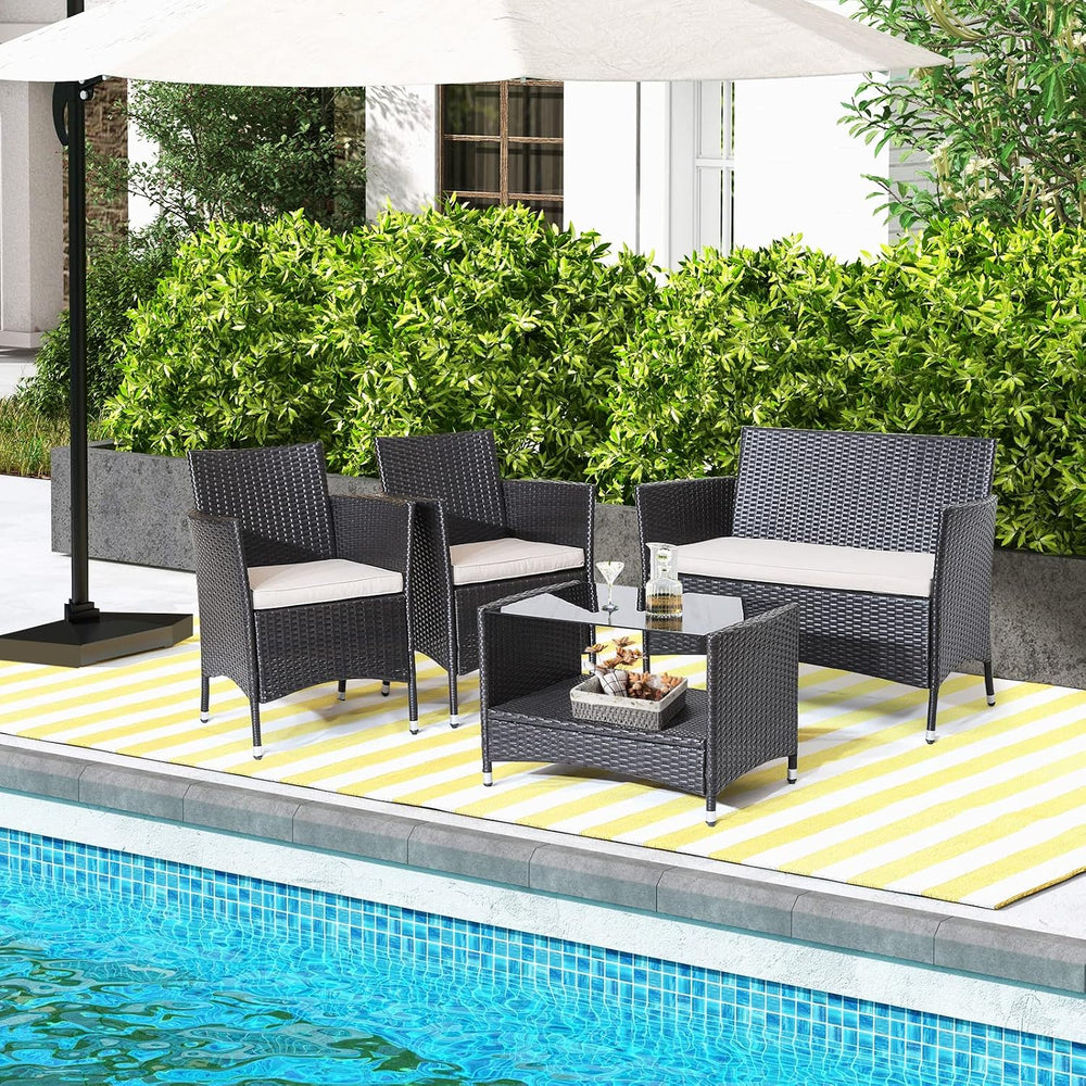 Tangkula 4 Pieces Patio Furniture Set, Patiojoy Outdoor PE Wicker Conversatio...