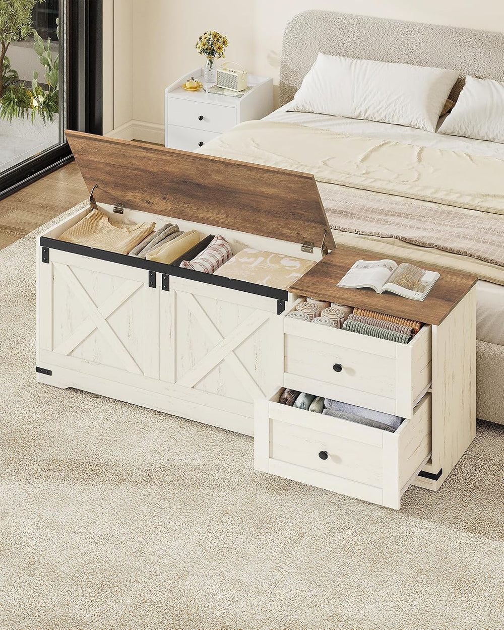 Hzuaneri 59" Farmhouse Storage Chest with 2 Drawers | 60 Gal | Retro White