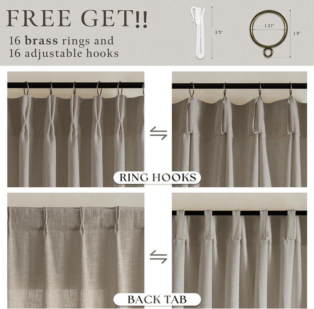 Taupe Pleated Linen Light Filtering Curtains 102 Inches Long 50 Inch Wide