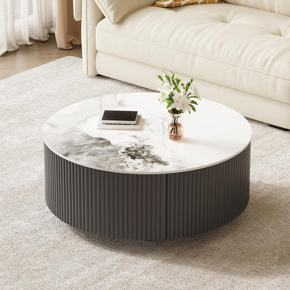 Round Coffee Table with Storage, Modern Movable Coffee Table with Marble Patt...