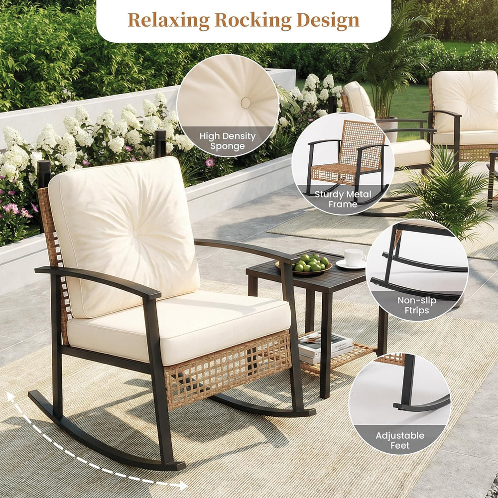 COSIEST 3-Piece Outdoor Rocking Chairs Bistro Set, Rattan Patio Furniture wit...