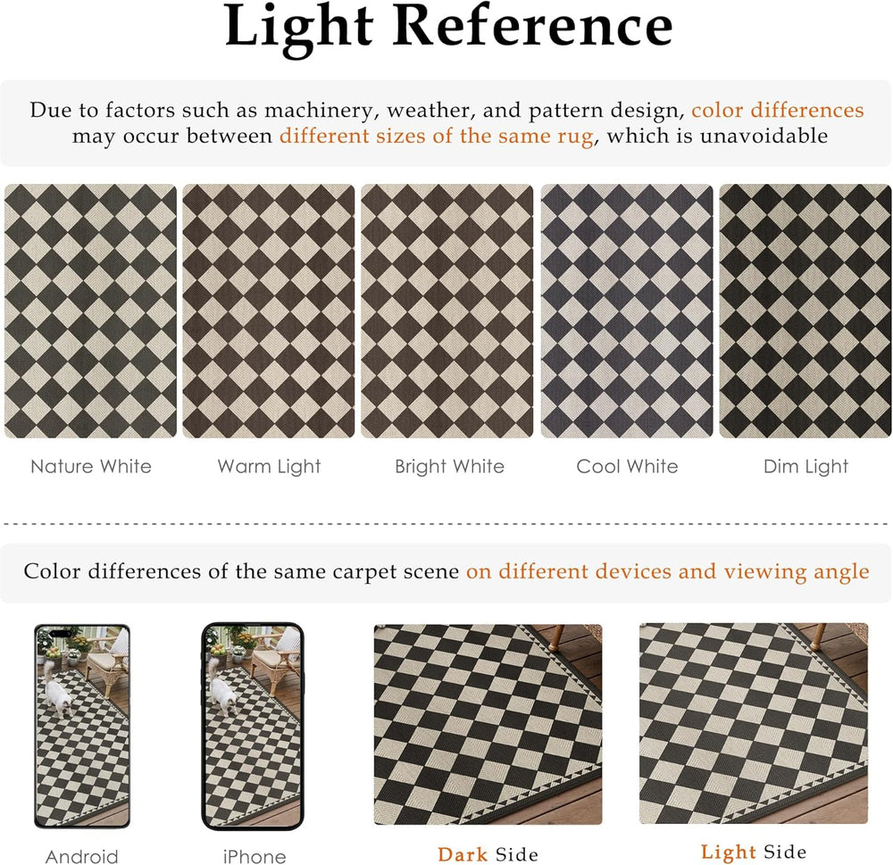 HUGEAR 5x8 Black Beige Checkered Linen Look Indoor Outdoor Rug for Patio