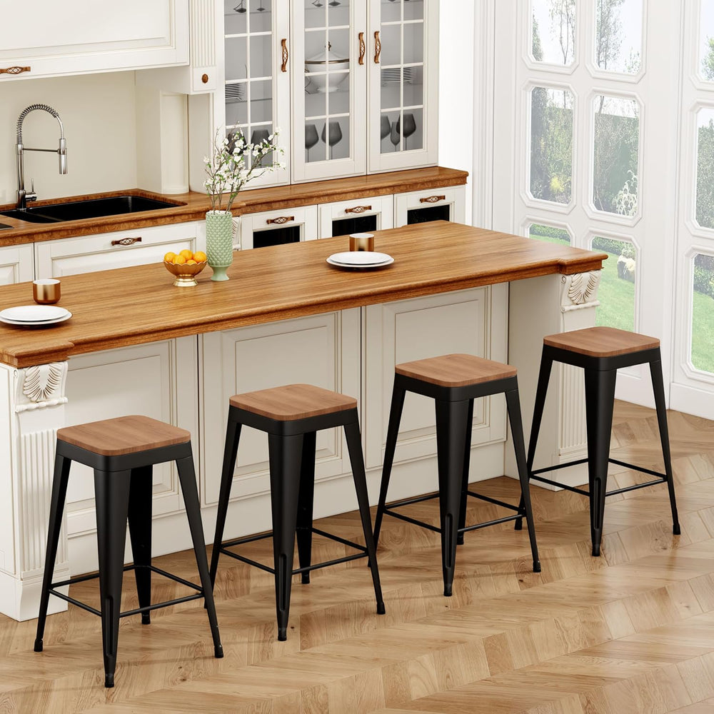 24" Metal Bar Stools Set of 4 Black Counter Height Stools with Wood Seat...