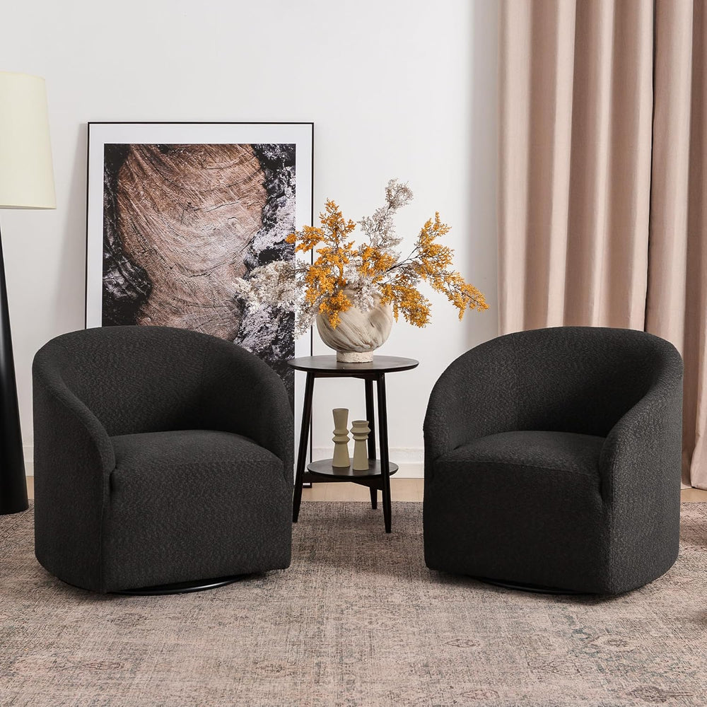 KINWELL 32" Wide No Assembly Boucle Swivel Barrel Chairs Set of 2, Black
