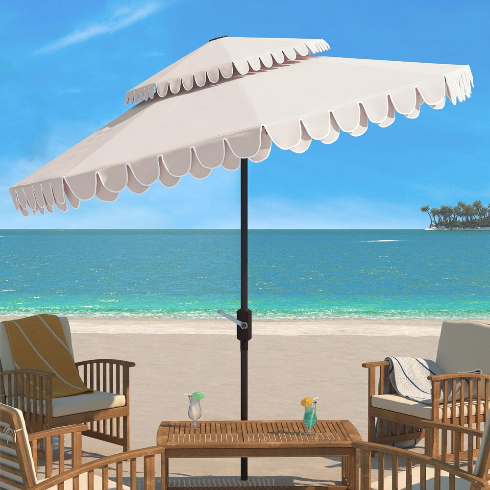 SAFAVIEH Outdoor Valance Double-Top Umbrella, 9-Foot Beige & White PAT8206C