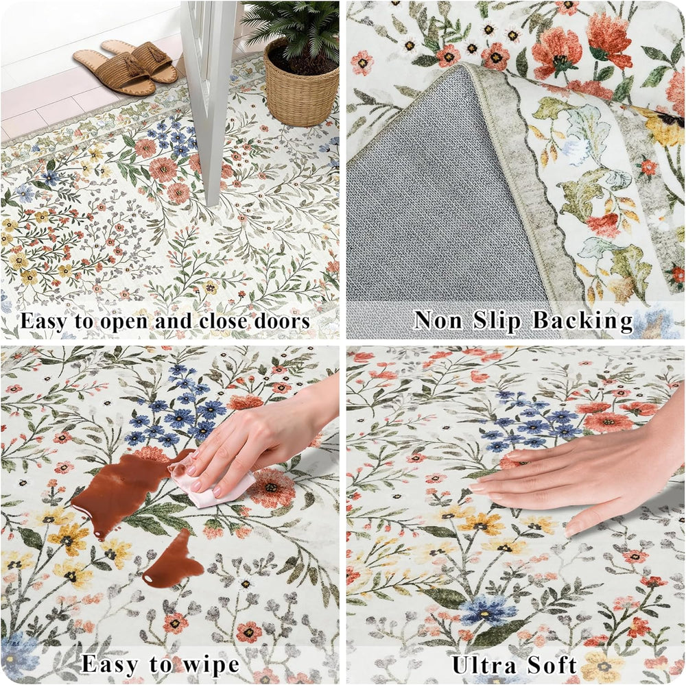 6x6 Washable Area Rug Living Room: Floral Non-Slip Washable Mat for Indoor Fl...