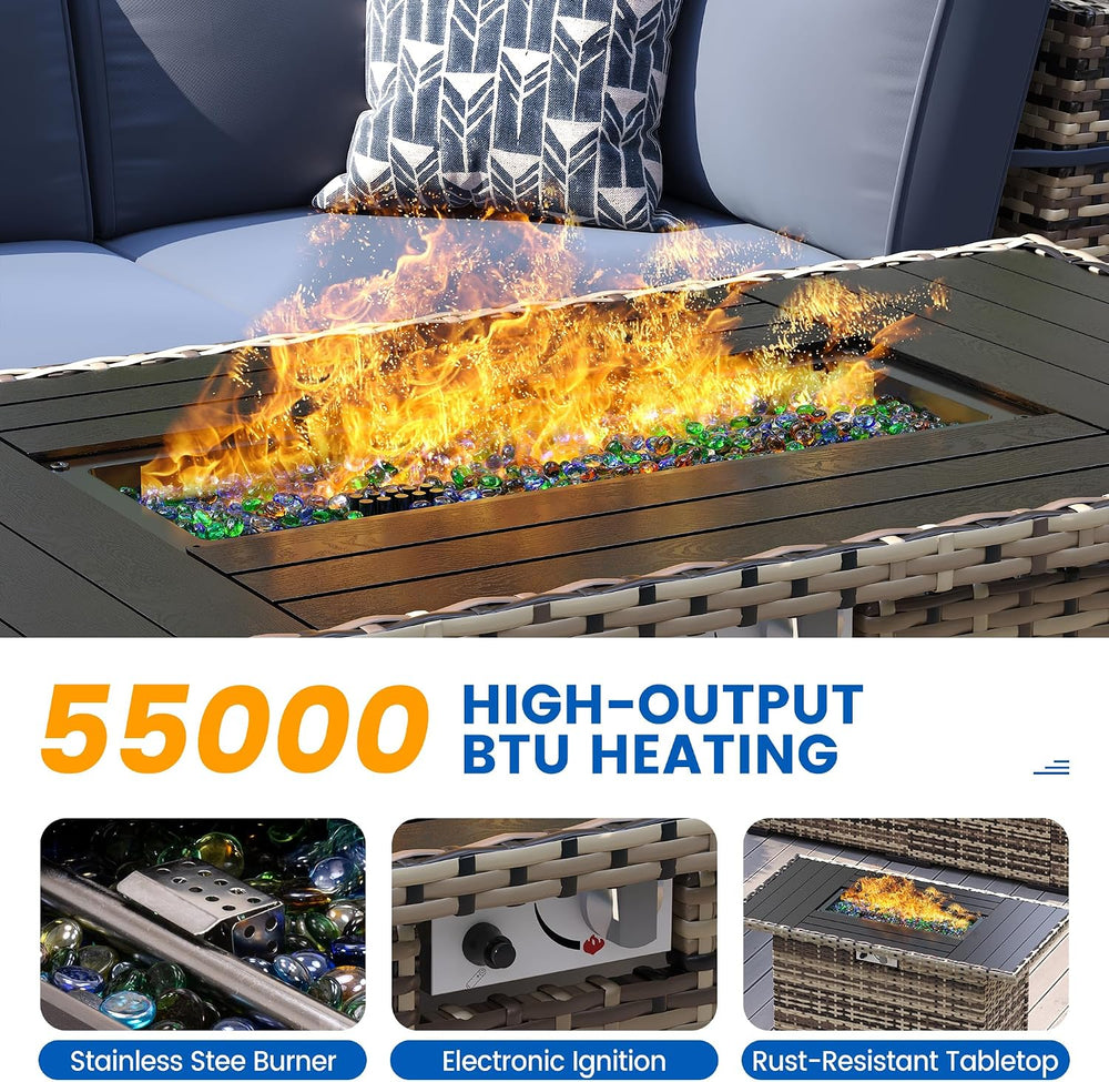8-Piece Patio Furniture Set with 44” Fire Pit Table - All-Weather Wicker Conv...