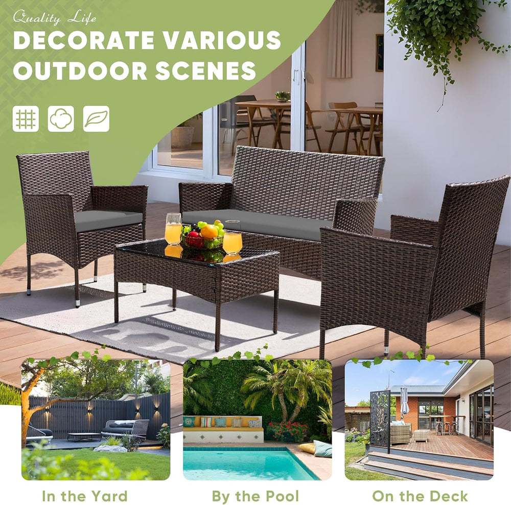 Greesum 4 Pieces Patio Furniture Conversation Sets,Brown and Gray