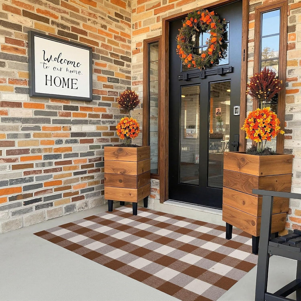 Fall Decor Buffalo Plaid Outdoor Rug 3x5 Ft Coffee and White Checkered Area R...