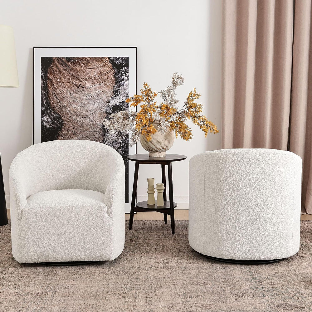 KINWELL 32" Wide No Assembly Boucle Swivel Barrel Chairs Set of 2, White