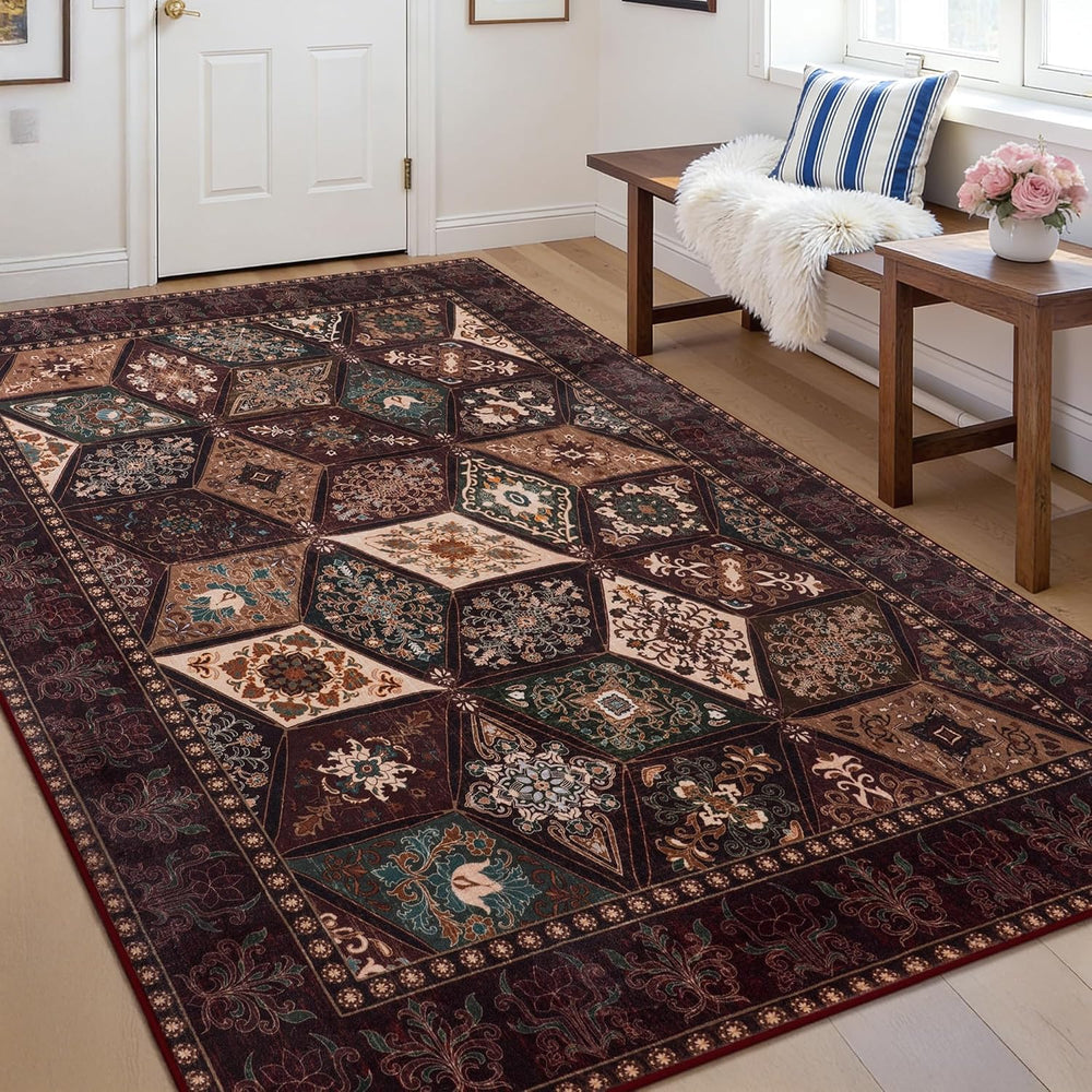 Moroccan Boho Floral Geometric Patchwork Washable 5x8 Large Area Rug