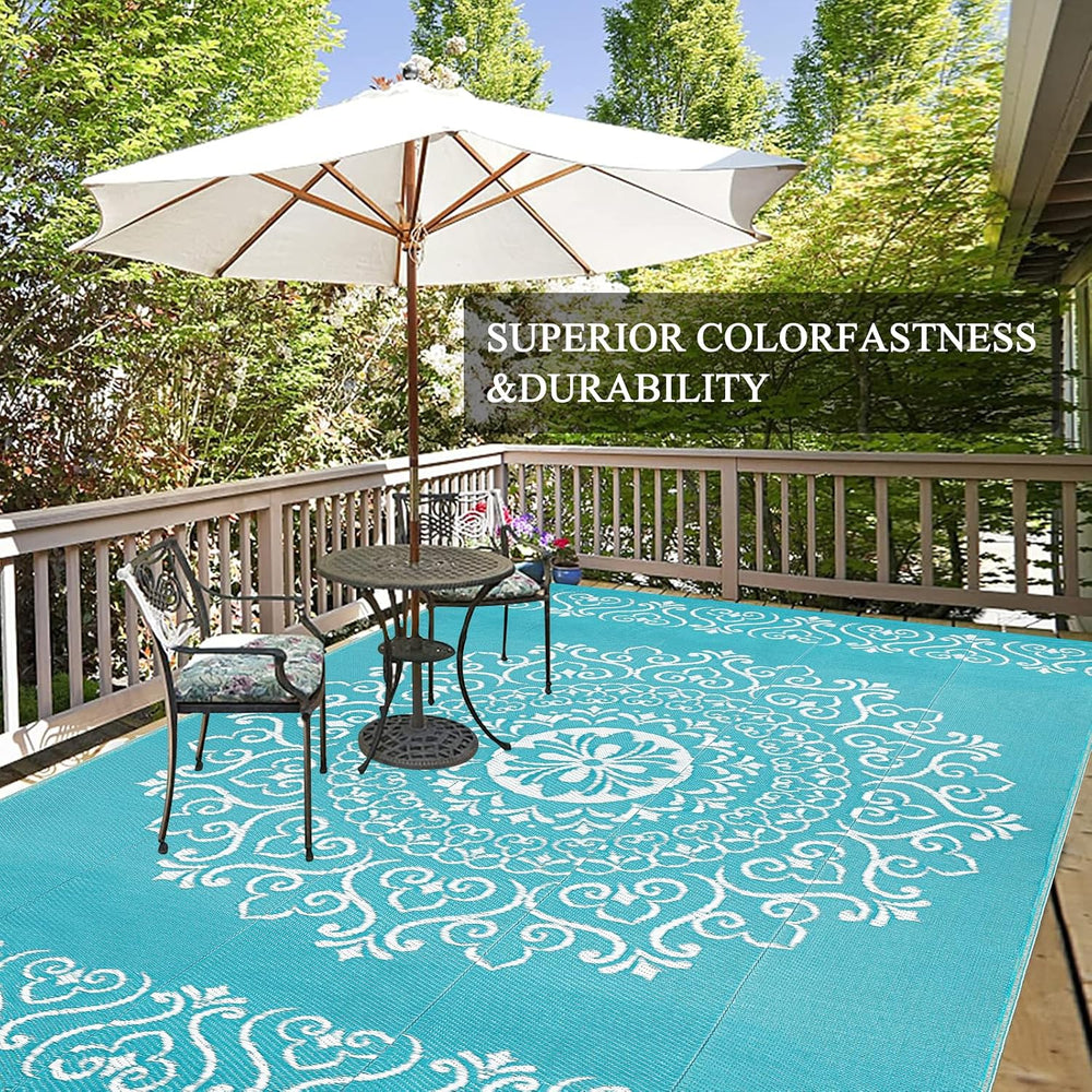 Pauwer Outdoor Rug 9x12, Waterproof Plastic Straw Camping Rug, Floral Teal