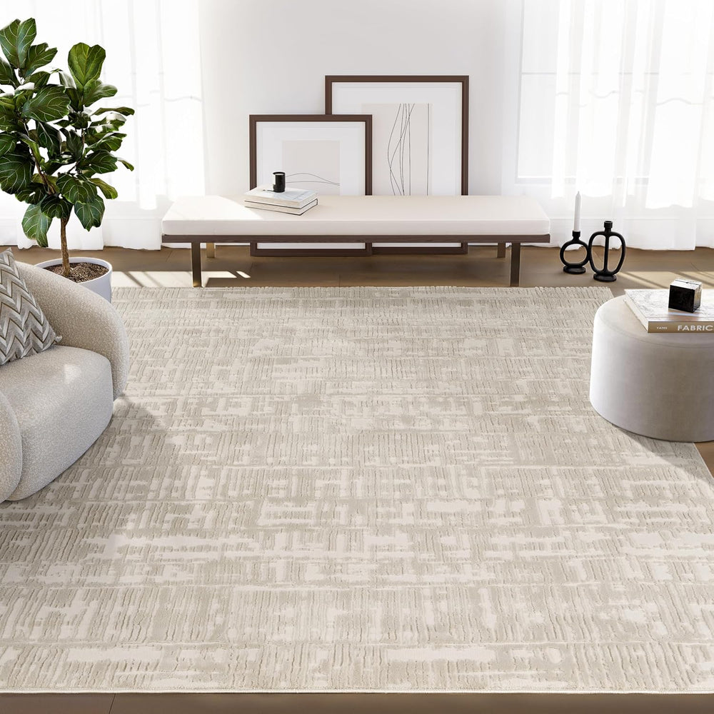 Abani Cream Grid Textured Area Rug - 6' x 9' - Chunky, Plush and Soft...