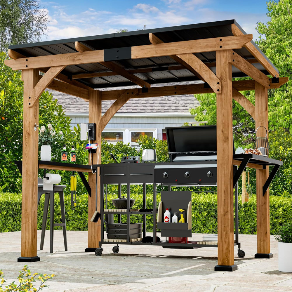 Modern Shade Wood Grill Gazebo 6x8 with USB Charging Power Strip & Shelves