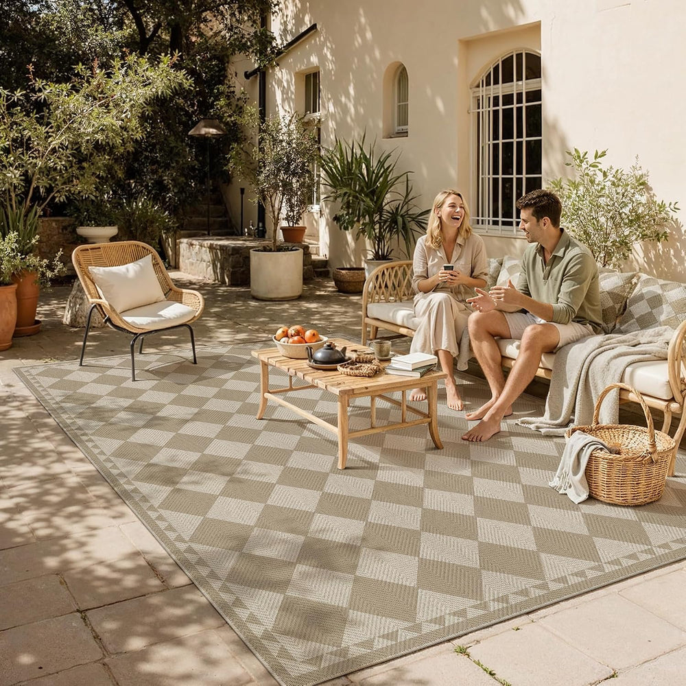 HUGEAR 8x10 Indoor Outdoor Rug Beige Brown Checkered Area Rugs for Living Room