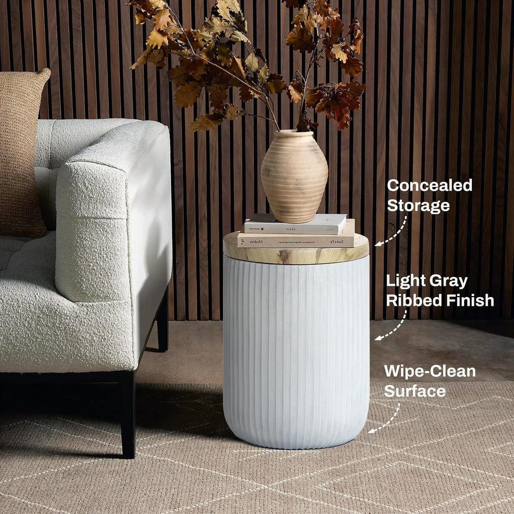LuxenHome 18" Cement Outdoor Side Table with Storage and Wood-Look Lid