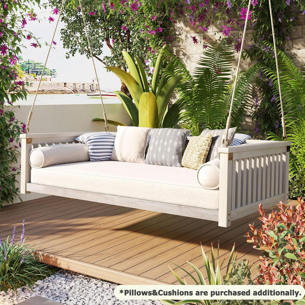 LUMISOL Outdoor Porch Swing Bed, Twin Size Acacia Wood Swing Bed Frame with R...