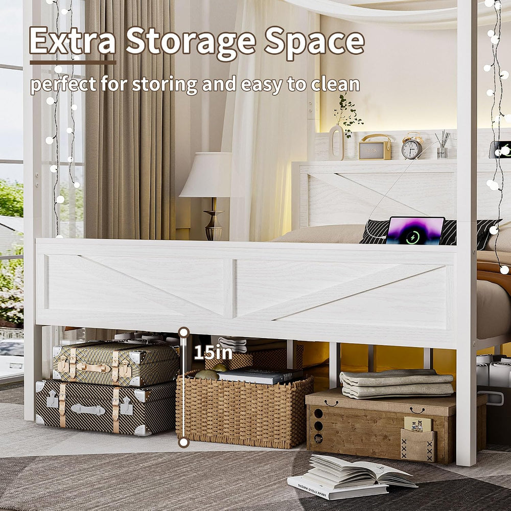 Canopy Bed Frame King Size with Barn Storage Headboard, Beige