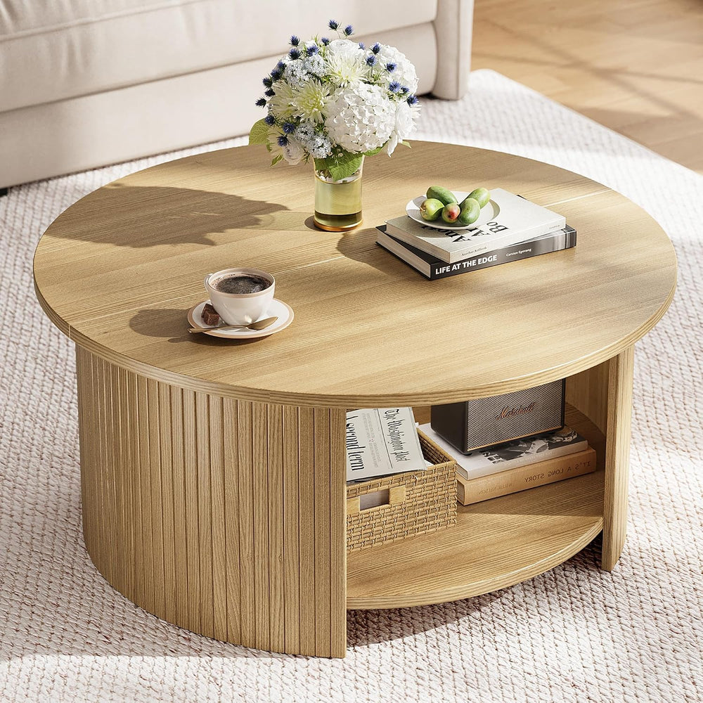 Round Coffee Table with Storage, 31.5" Modern Fluted Center Table, 2-Tie...