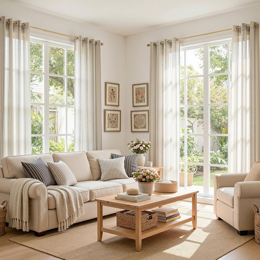 MYSKY HOME Grey Striped Linen Curtains for Living Room 84 Inches 2 Panels