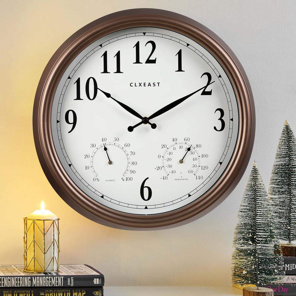 CLXEAST 18" Outdoor Clocks Waterproof with Temperature & Humidity,Brown