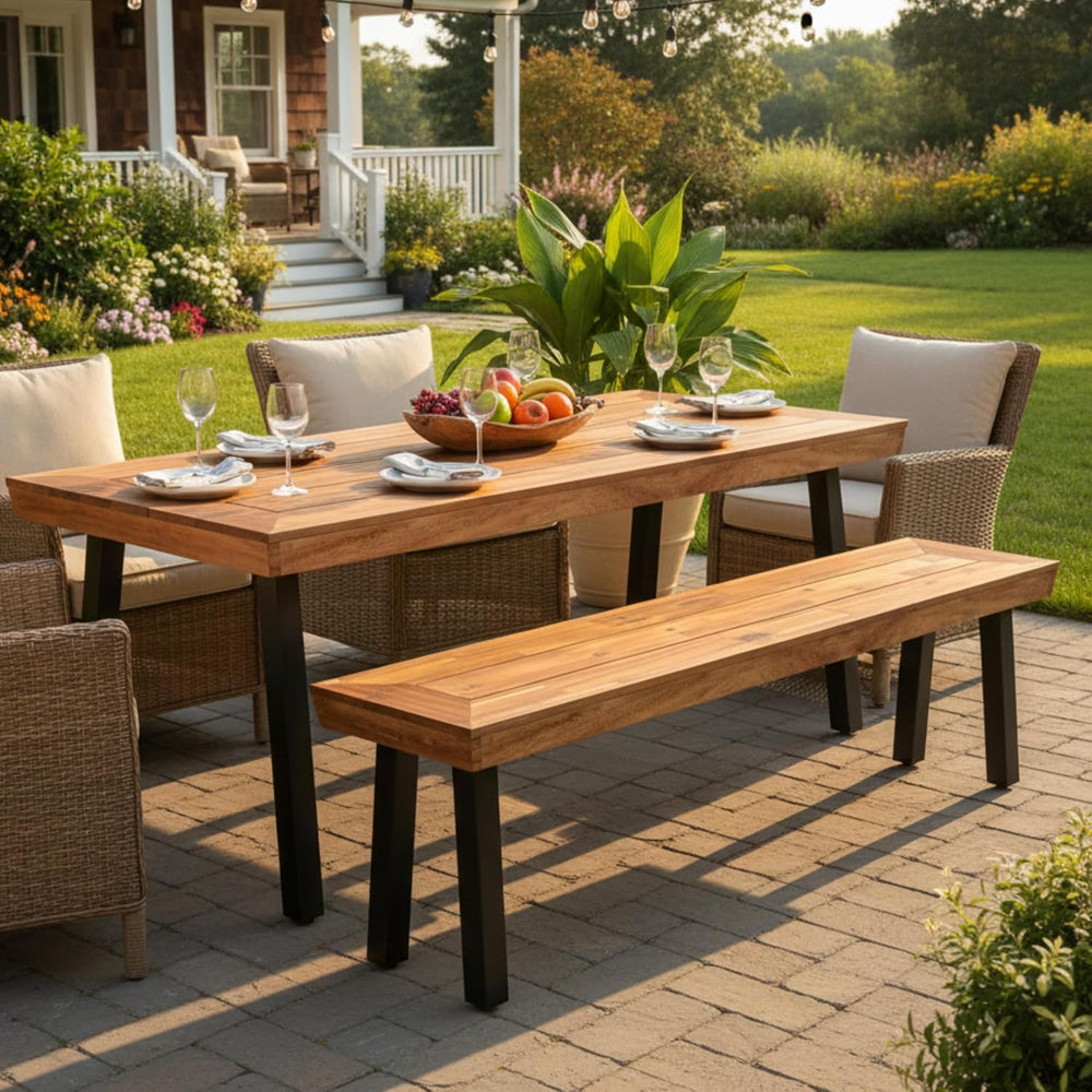 Tangkula Outdoor Acacia Wood Bench, Patio Dining Picnic Bench with Steel Legs...