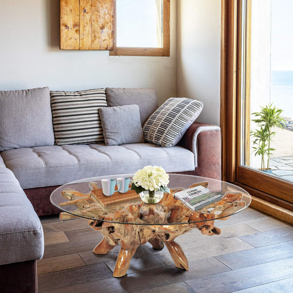 CHIC TEAK Genuine Teak Wood Root Coffee Table Including 55 Inch Round Glass T...