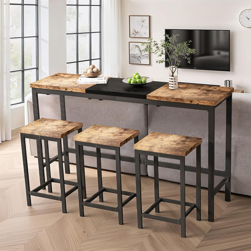 Bar Table and Chairs Set, 60.24” Long Pub Table with 3 Stools, High Top Table...