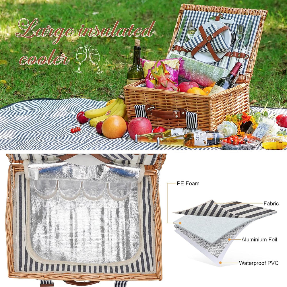 WICKERLAND Picnic Basket Set for 4 Persons w/Blanket & Insulated Cooler