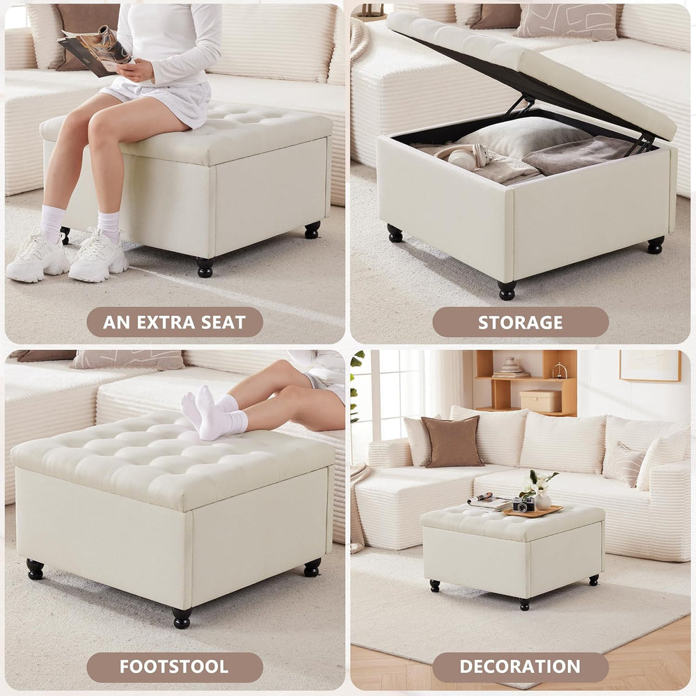 28" Large Square Ottoman with Storage, Fabric Ottoman Coffee Table, Beige