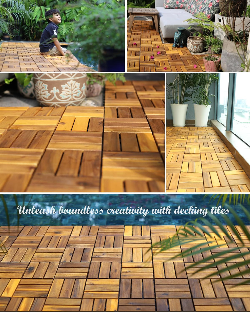Interlocking Deck Tiles, 10 PCS 12" x 12" Acacia Wood, Natural Color