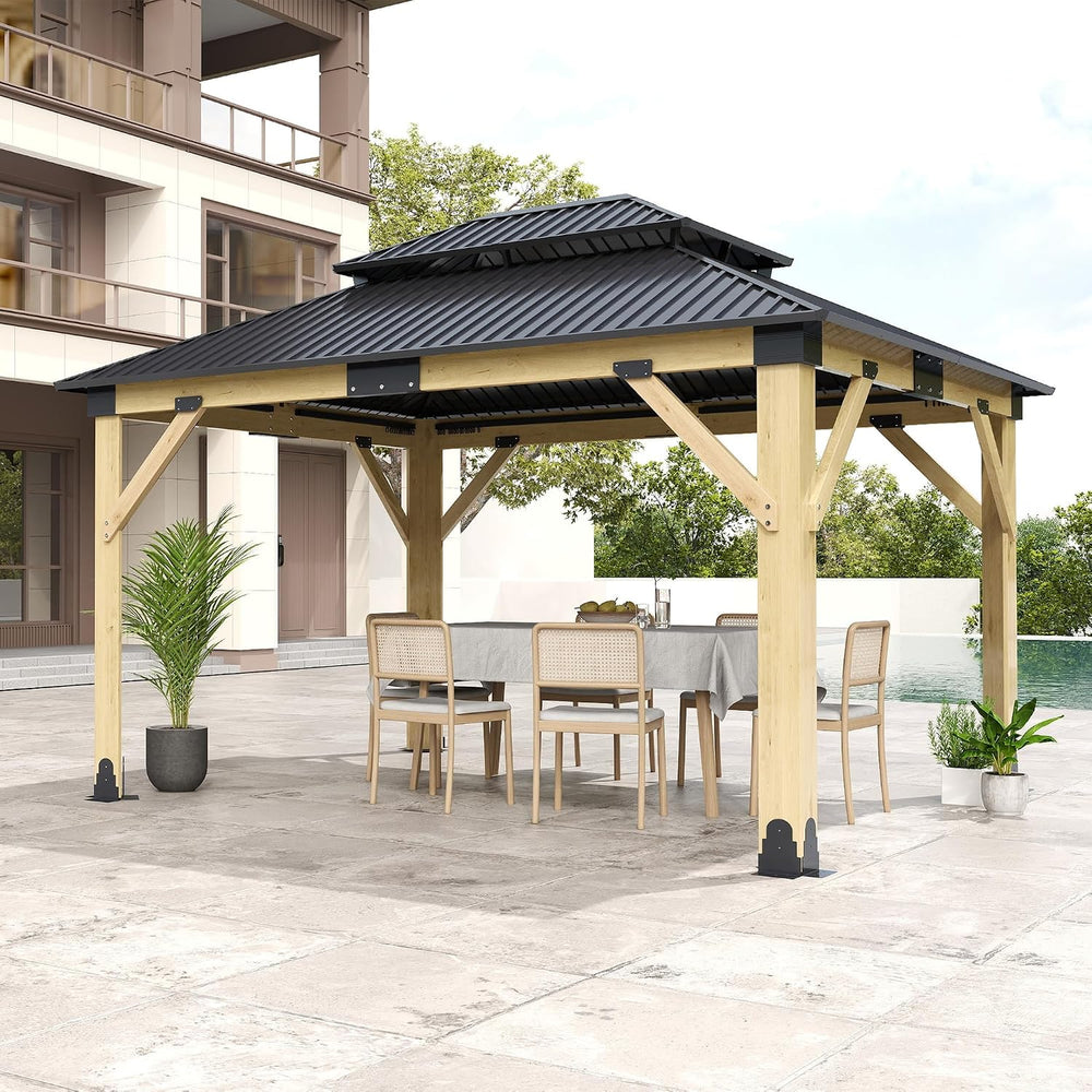 11x13FT Wood Gazebo, Outdoor Wooden Gazebo with Glavanized Steel Double Roof,...