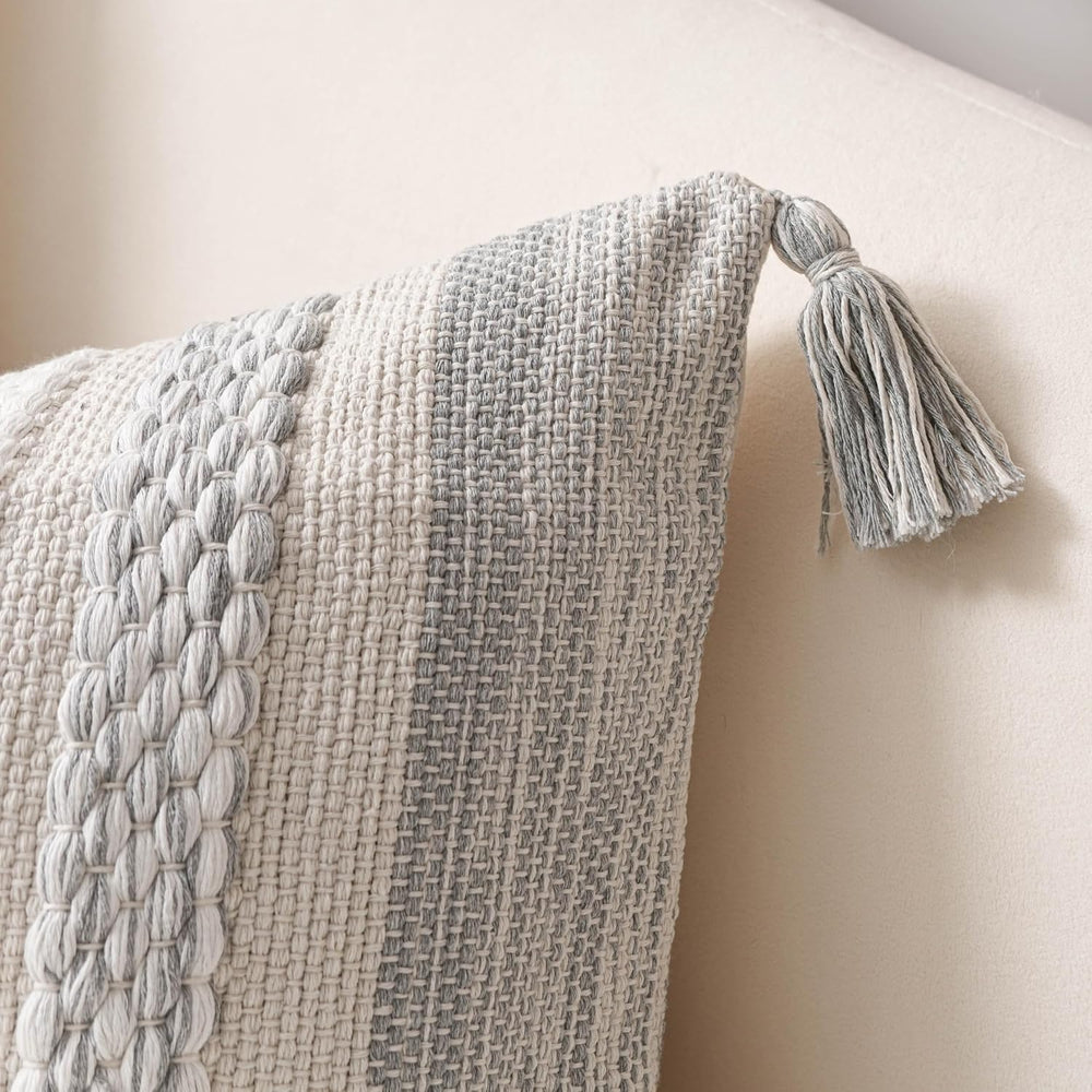 BlissBlush Gray Boho Decorative Throw Pillow Cover 20x20 Square Farmhouse Acc...