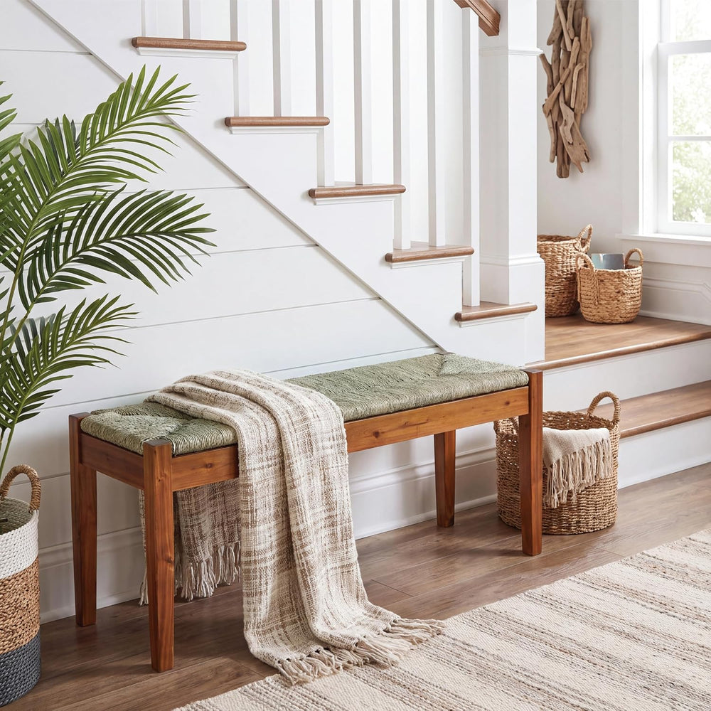 46-Inch Acacia Wood Bench with Natural Seagrass Woven Seat, Indoor Bench