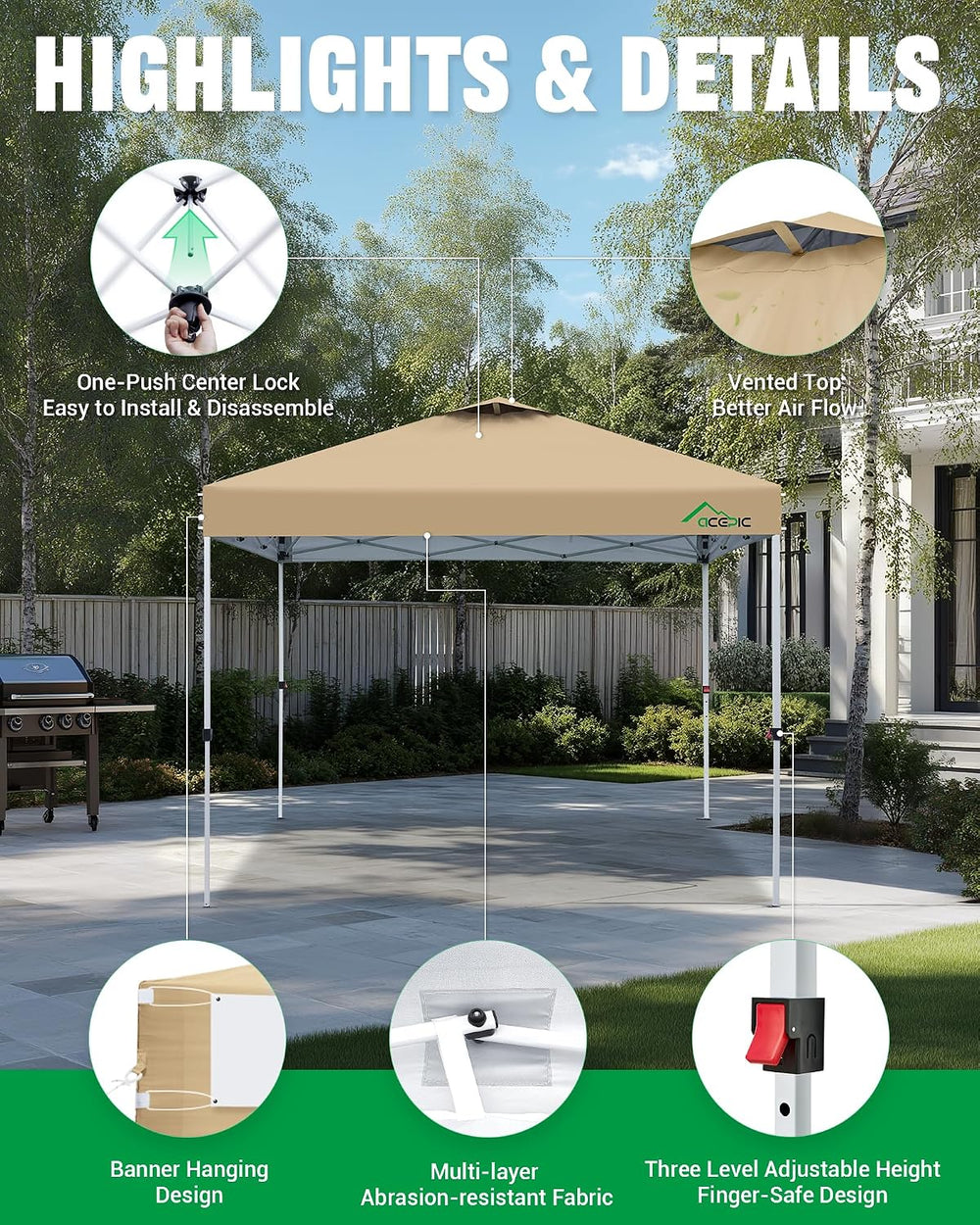 Acepic 10x10 Pop Up Canopy Tent, Easy Setup Shelter, Khaki
