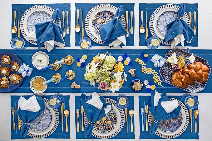 Solino Home Linen Indigo Blue Hemstitch Table Runner 60 Inches - 100% Pure Li...