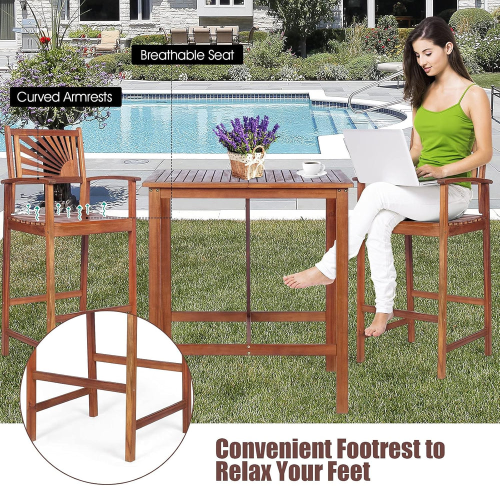 COSTWAY 3PCS Bar Table Set, Outdoor Acacia Wood Dining Set