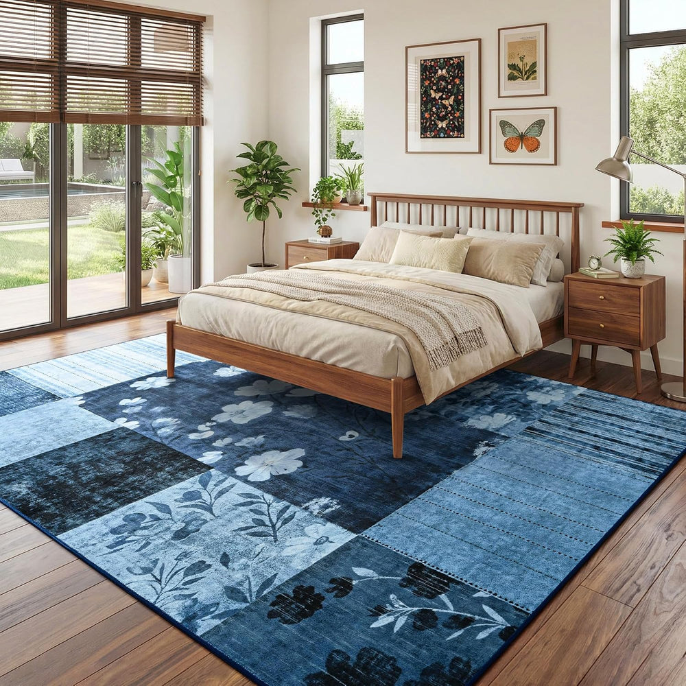 8'x10' Blue Floral Geometric Patchwork Area Rug